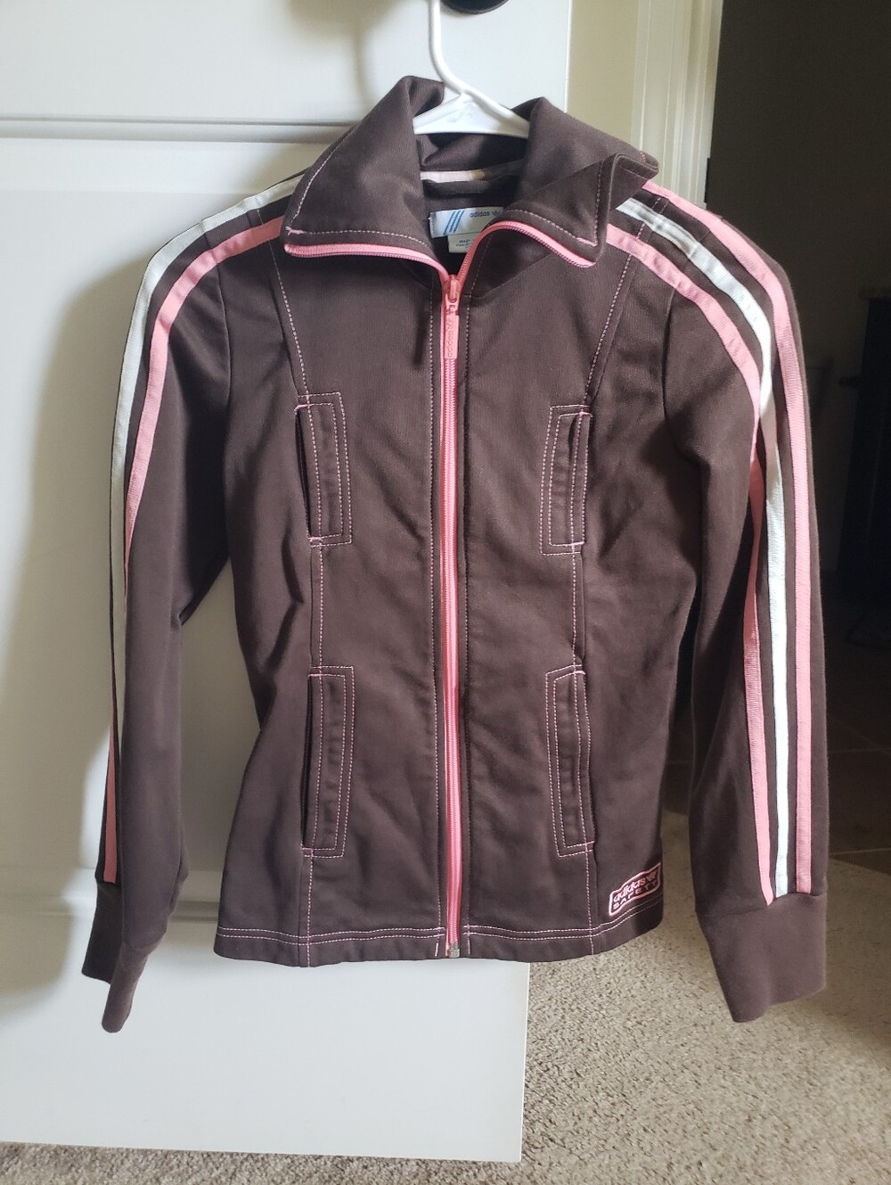Adidas Safety Jacket Brown Pink White Stripe Detail